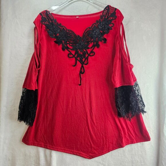 XXL Women Lace Off Shoulder Blouse T-Shirt Casual Top Red Black Pullover - Picture 7 of 12